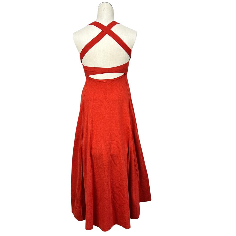 Free People Red Orange Knit Square Neck Dreamer Tie Back Midi Dress XS - Picture 4 of 9